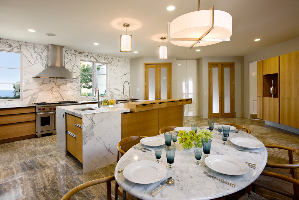 This is an example of a contemporary kitchen in Santa Barbara with stainless steel appliances.