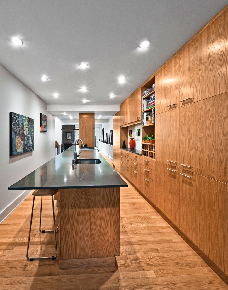 This is an example of a modern galley kitchen in Ottawa with flat-panel cabinets and medium wood cabinets.