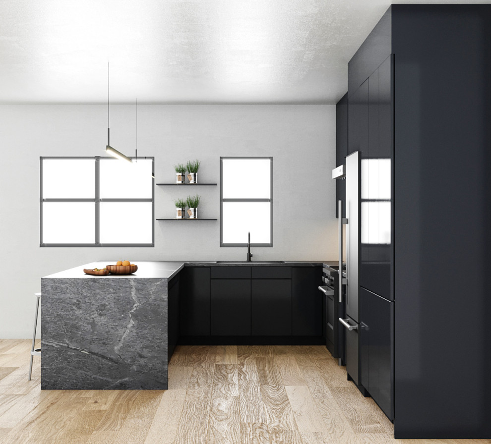 This is an example of a medium sized contemporary u-shaped kitchen/diner in New York with a submerged sink, flat-panel cabinets, black cabinets, engineered stone countertops, grey splashback, engineered quartz splashback, black appliances, light hardwood flooring, a breakfast bar, beige floors and grey worktops.