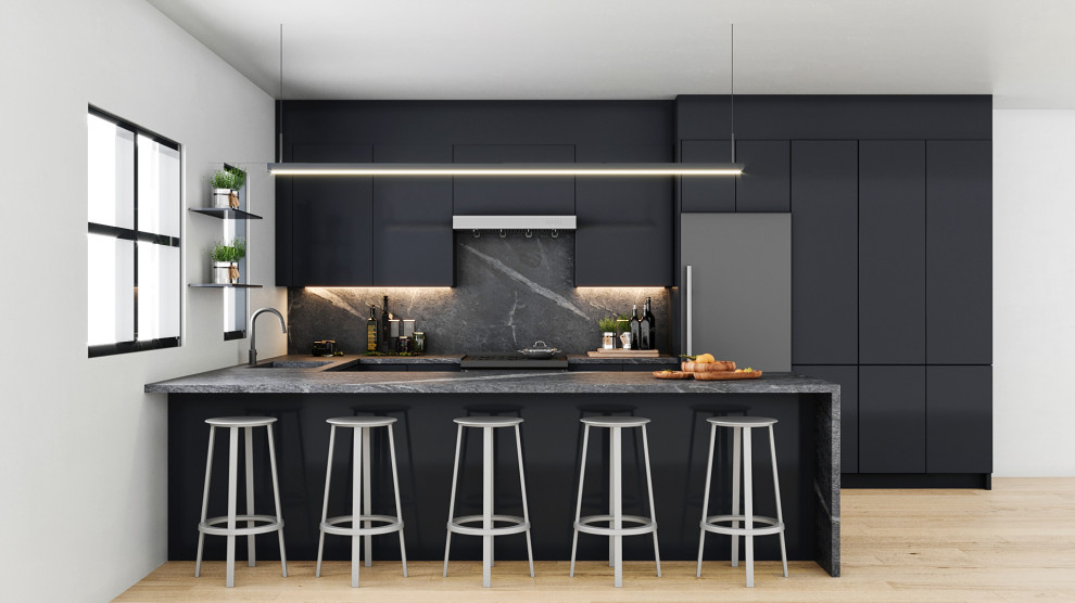 Inspiration for a mid-sized contemporary u-shaped light wood floor and beige floor eat-in kitchen remodel in Los Angeles with an undermount sink, flat-panel cabinets, black cabinets, quartz countertops, gray backsplash, quartz backsplash, black appliances, a peninsula and gray countertops