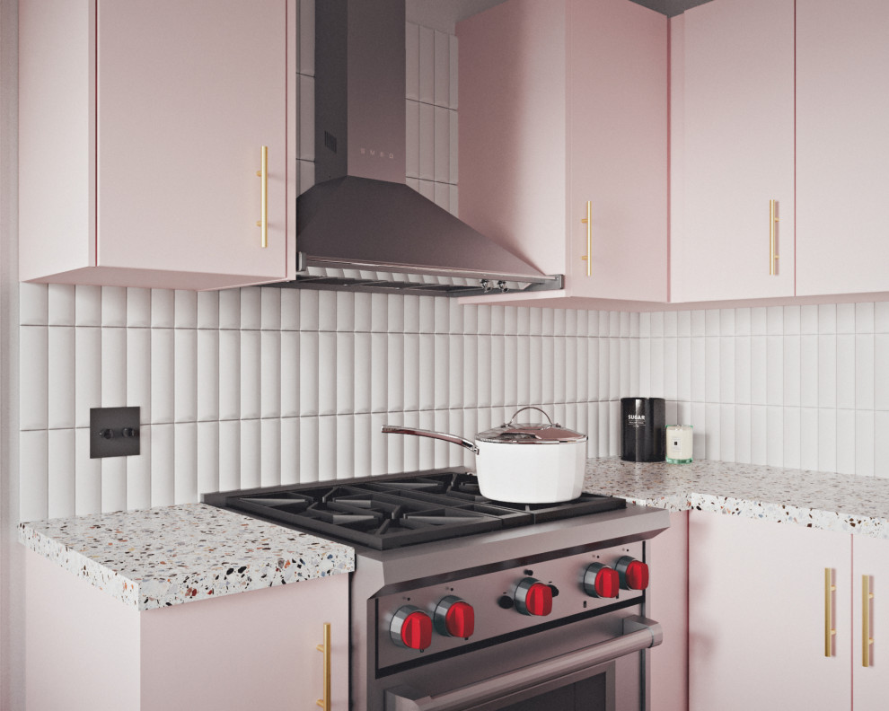 Ejemplo de cocina contemporánea con encimera de terrazo, armarios con paneles lisos y puertas de armarios rosa