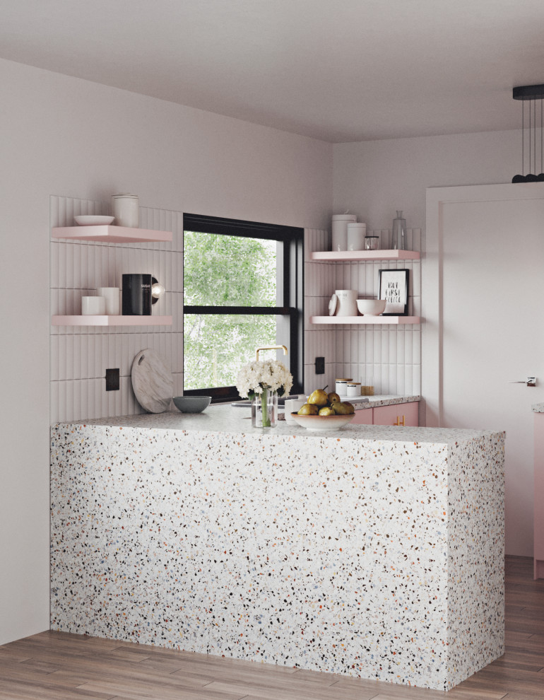 На фото: кухня в современном стиле с столешницей терраццо, плоскими фасадами и розовыми фасадами