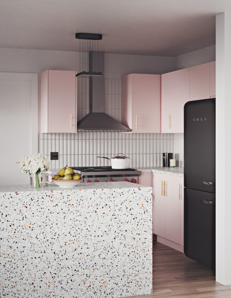 На фото: кухня в современном стиле с полом из терраццо, столешницей терраццо, плоскими фасадами и розовыми фасадами с