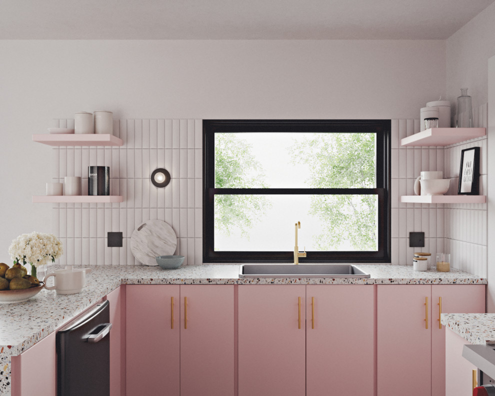 Стильный дизайн: кухня в современном стиле с столешницей терраццо, плоскими фасадами и розовыми фасадами - последний тренд