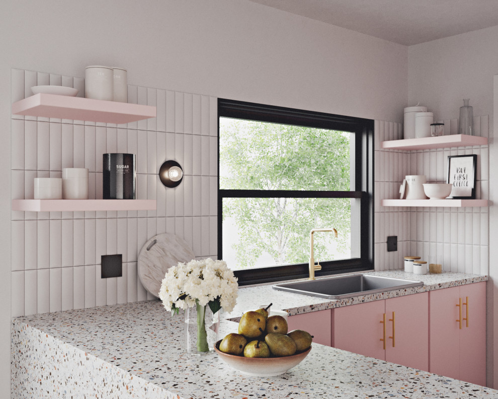 Идея дизайна: кухня в современном стиле с столешницей терраццо, плоскими фасадами и розовыми фасадами