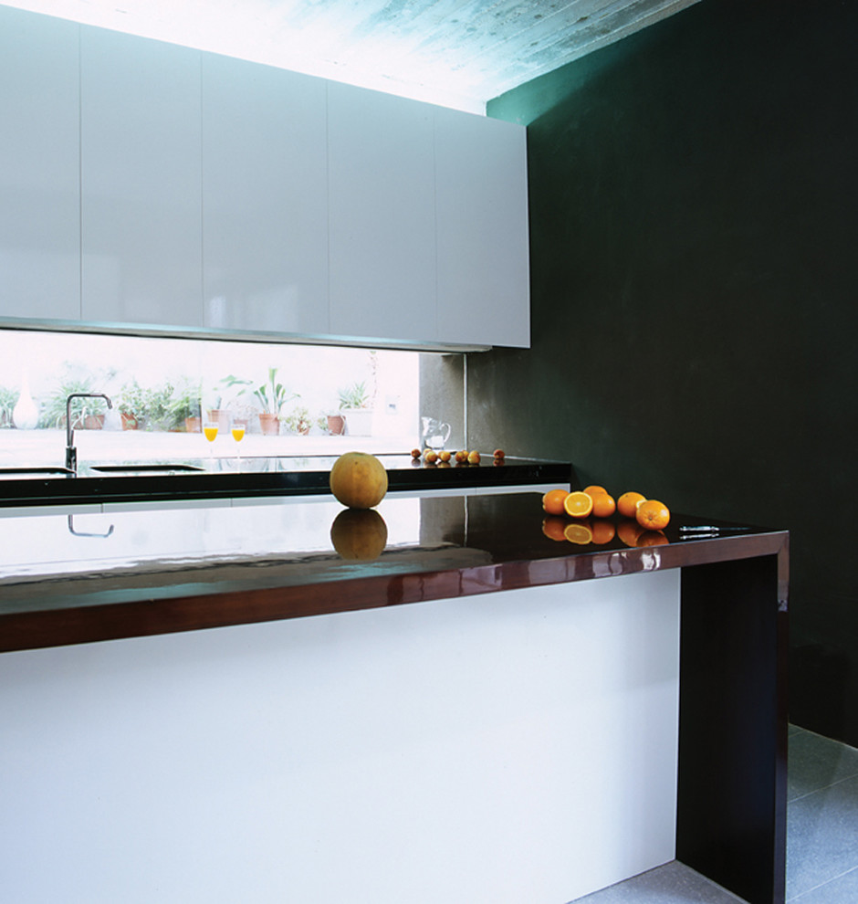 Moderne Küche mit flächenbündigen Schrankfronten und blauen Schränken in Sonstige