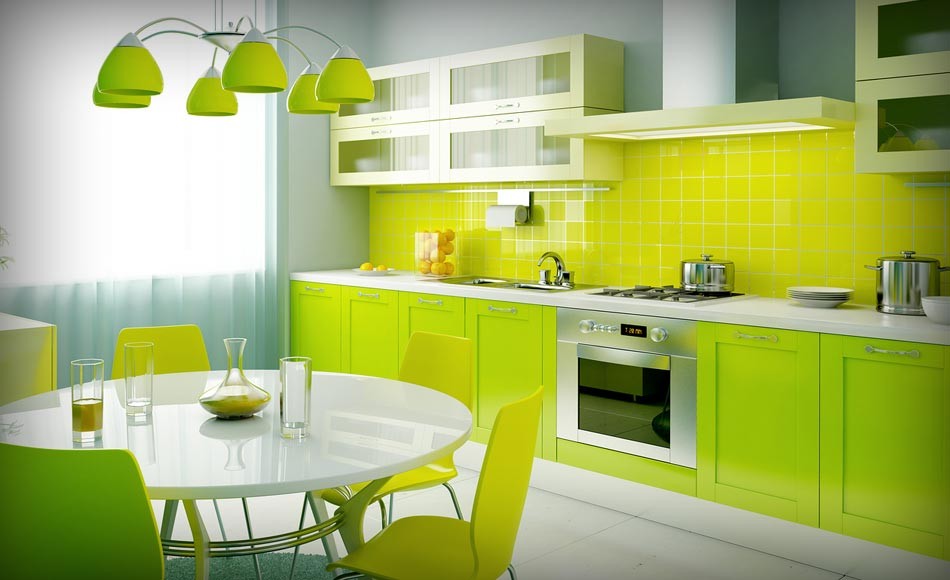 Idéer för ett mellanstort modernt linjärt kök och matrum, med en dubbel diskho, skåp i shakerstil, gröna skåp, bänkskiva i kvarts, grönt stänkskydd, stänkskydd i glaskakel, rostfria vitvaror, klinkergolv i porslin och vitt golv