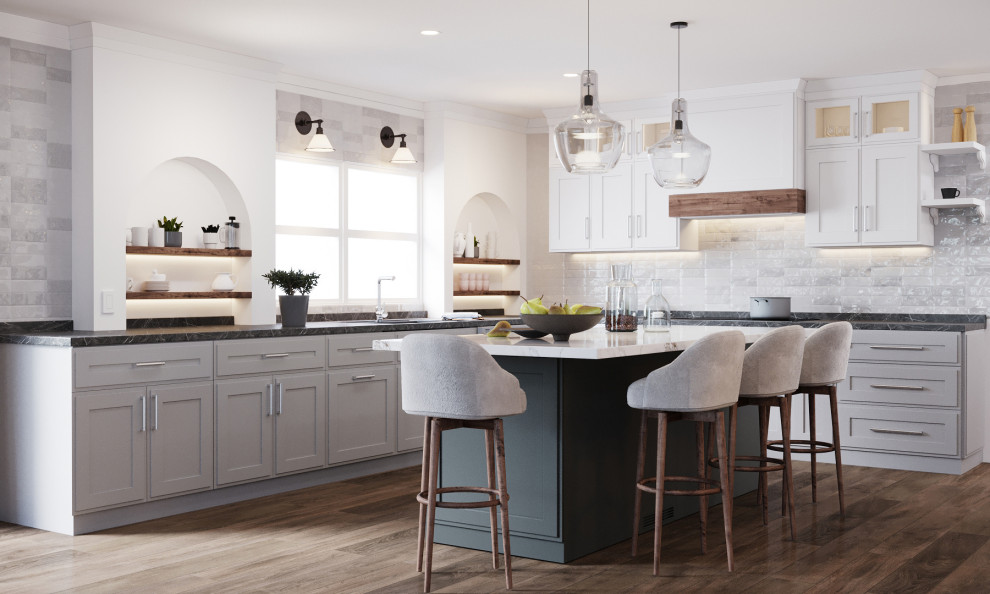Idéer för ett stort modernt grå kök, med en köksö, rostfria vitvaror, en rustik diskho, beige skåp, mörkt trägolv och brunt golv