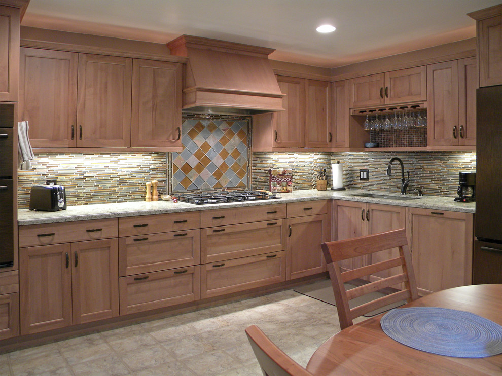 Inspiration for a mid-sized transitional l-shaped ceramic tile eat-in kitchen remodel in San Luis Obispo with an undermount sink, shaker cabinets, distressed cabinets, quartz countertops, blue backsplash, mosaic tile backsplash and colored appliances