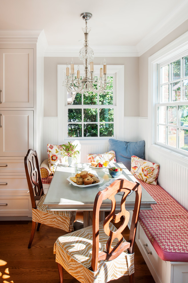 Transitional eat-in kitchen photo in Richmond with recessed-panel cabinets and white cabinets