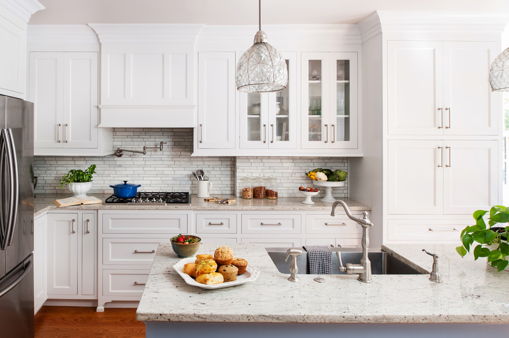 Transitional eat-in kitchen photo in Richmond with a farmhouse sink, recessed-panel cabinets, white cabinets, gray backsplash, mosaic tile backsplash and stainless steel appliances
