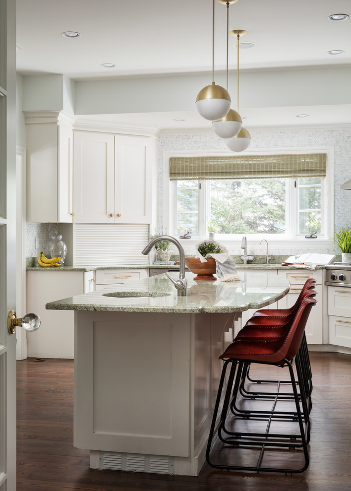 Kitchen - large contemporary kitchen idea in New York with shaker cabinets, white cabinets and an island