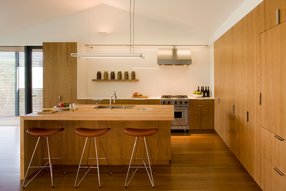 Immagine di una cucina design con ante lisce, ante in legno scuro, top in legno e elettrodomestici in acciaio inossidabile