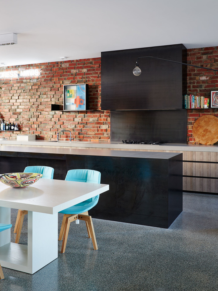 Kitchen - mid-sized contemporary kitchen idea in Melbourne with flat-panel cabinets, black backsplash and an island