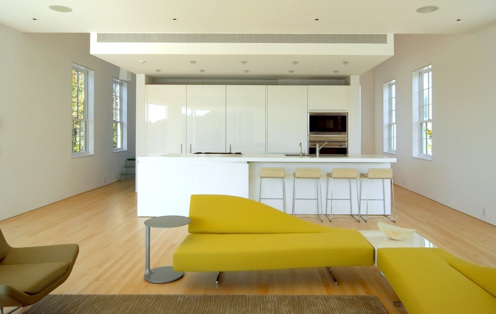 Свежая идея для дизайна: параллельная, глянцевая кухня-гостиная в современном стиле с плоскими фасадами, белыми фасадами и техникой из нержавеющей стали - отличное фото интерьера