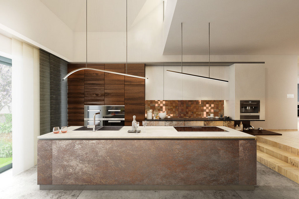 Idee per una grande cucina moderna chiusa con lavello sottopiano, ante lisce, ante in legno bruno, top in pietra calcarea e pavimento con piastrelle in ceramica