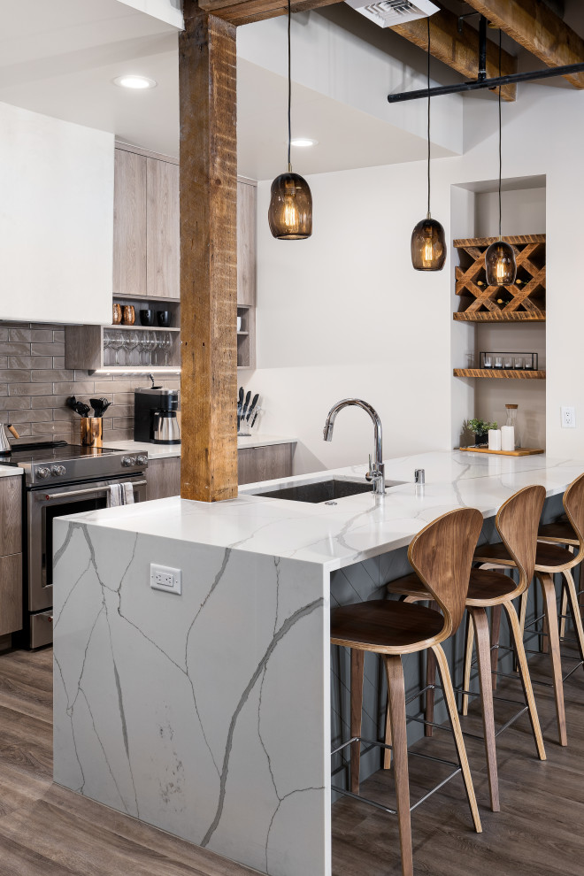 Inspiration for a medium sized urban l-shaped kitchen/diner in Other with a built-in sink, open cabinets, light wood cabinets, marble worktops, light hardwood flooring, brown floors, white worktops and a wood ceiling.
