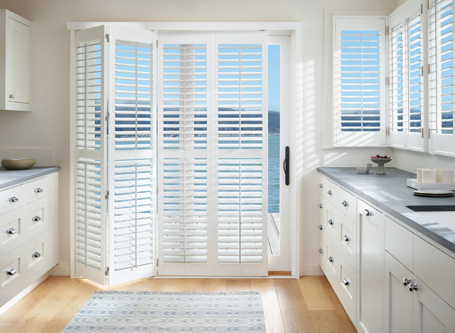 Hunter Douglas Plantation Shutters - Sliding Door - Coastal - Kitchen ...