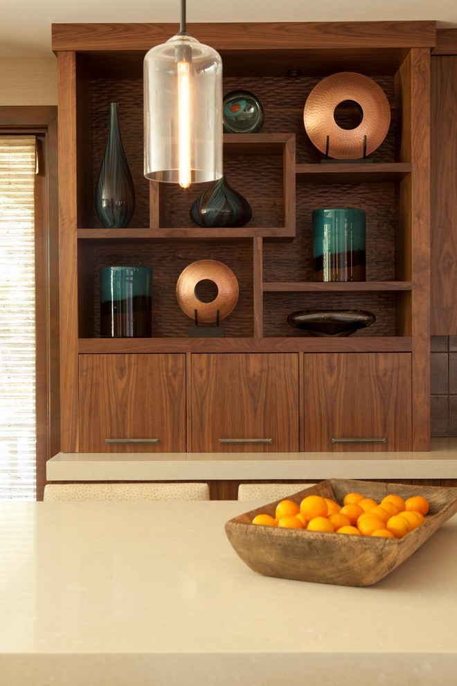 Design ideas for a contemporary kitchen in Orange County with dark wood cabinets.