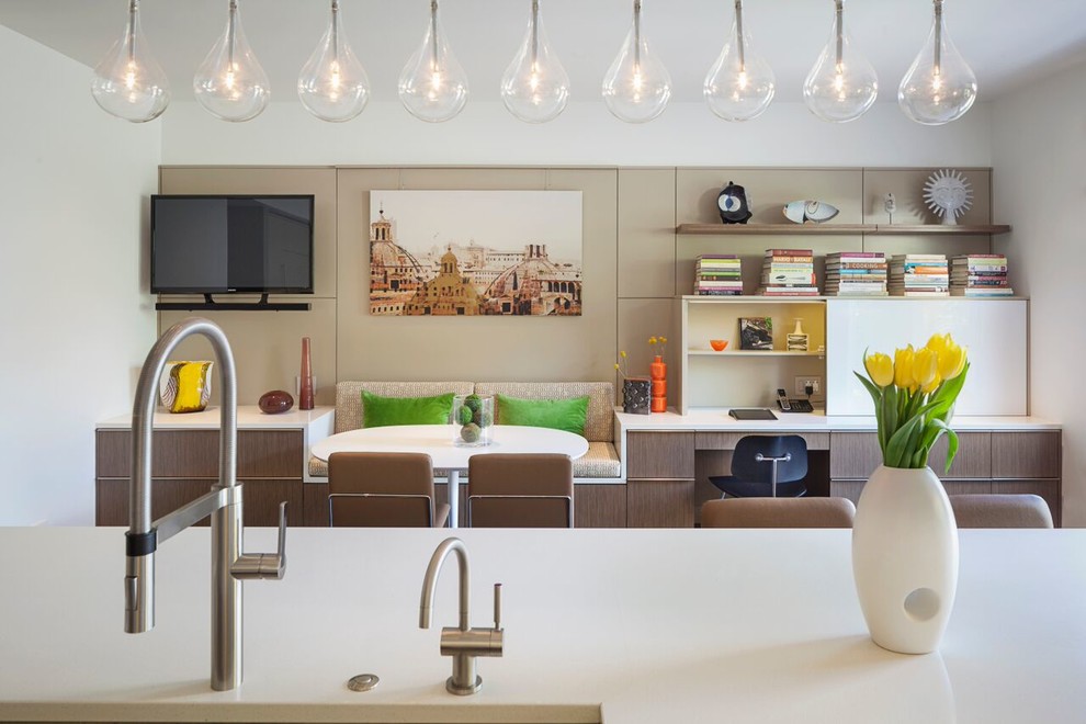 Eat-in kitchen - large modern l-shaped dark wood floor eat-in kitchen idea in Chicago with a single-bowl sink, flat-panel cabinets, medium tone wood cabinets, quartz countertops, white backsplash, stainless steel appliances and an island