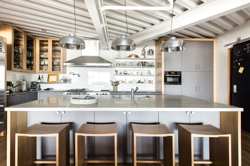 サンフランシスコにあるインダストリアルスタイルのおしゃれなキッチン (アンダーカウンターシンク、フラットパネル扉のキャビネット、グレーのキャビネット、白いキッチンパネル、ガラス板のキッチンパネル、シルバーの調理設備) の写真