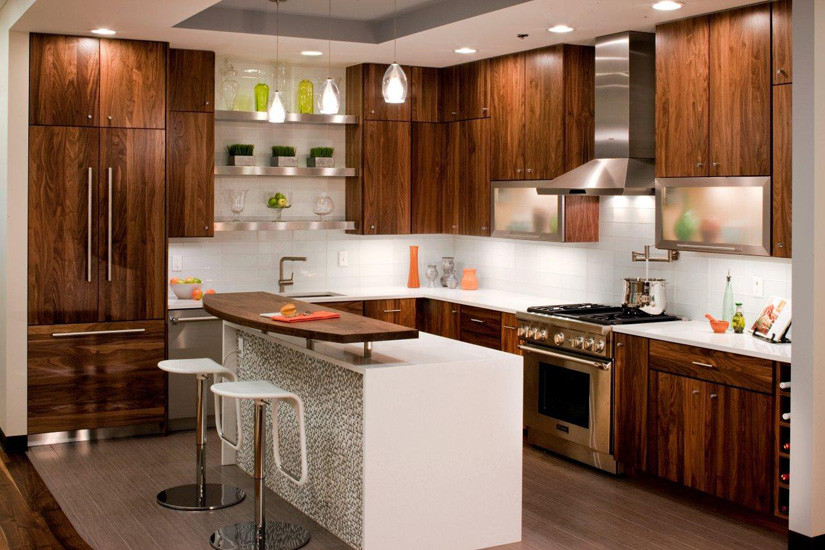 Example of a trendy l-shaped porcelain tile eat-in kitchen design in Dallas with a single-bowl sink, flat-panel cabinets, dark wood cabinets, wood countertops, white backsplash, glass tile backsplash, stainless steel appliances and an island