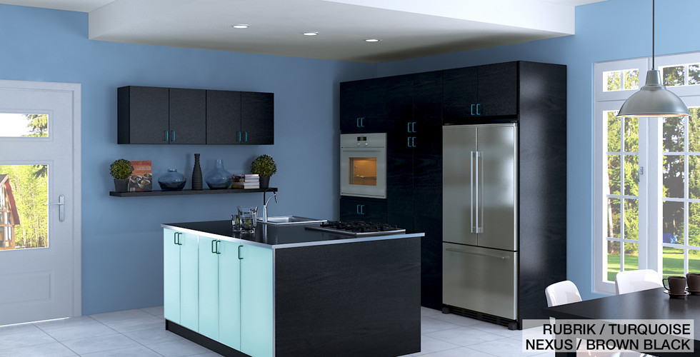 Foto di una cucina design con lavello da incasso, ante lisce, ante nere, top in laminato e elettrodomestici in acciaio inossidabile