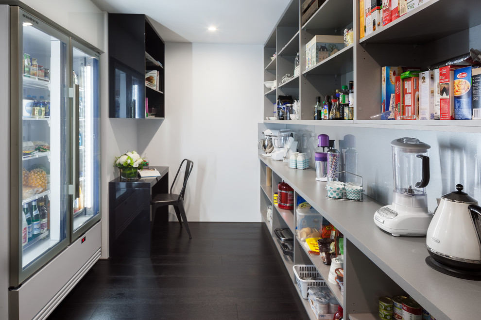 Photo of a modern galley kitchen pantry in Perth with grey cabinets, engineered stone countertops, metallic splashback, glass sheet splashback, grey worktops, open cabinets and stainless steel appliances.