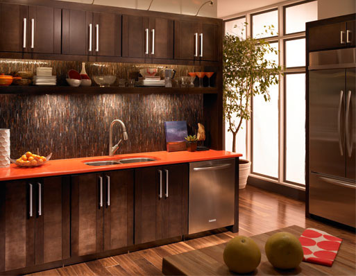 Exemple d'une grande cuisine américaine moderne en L et bois foncé avec un évier 2 bacs, un placard à porte plane, un plan de travail en stratifié, une crédence multicolore, un électroménager en acier inoxydable, un sol en bois brun et îlot.