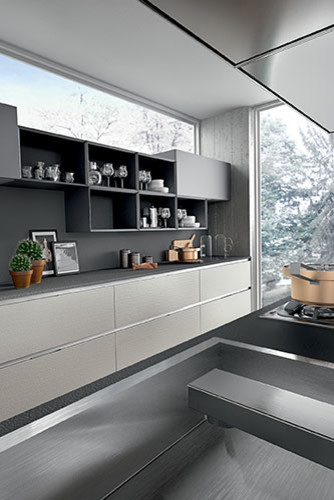 Idéer för ett mellanstort modernt kök, med en dubbel diskho, släta luckor, vita skåp, svart stänkskydd, rostfria vitvaror, klinkergolv i keramik och en köksö
