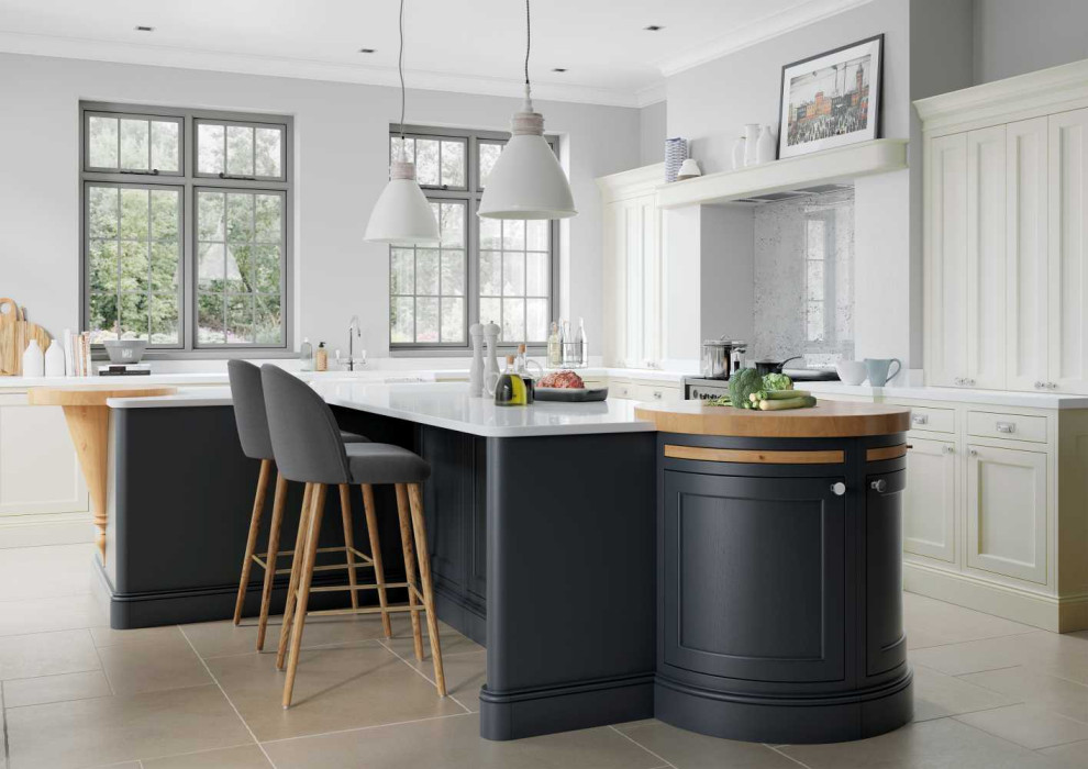 Design ideas for a large traditional grey and cream l-shaped open plan kitchen in Other with a belfast sink, beaded cabinets, blue cabinets, quartz worktops, white splashback, coloured appliances, ceramic flooring, multiple islands, beige floors and white worktops.