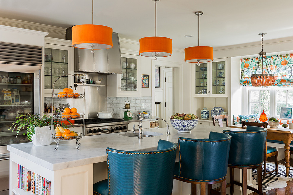 Inspiration for a contemporary kitchen remodel in Boston with subway tile backsplash