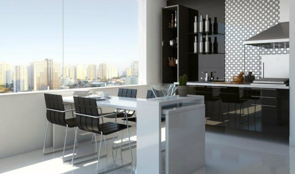 Идея дизайна: отдельная, прямая кухня в стиле неоклассика (современная классика) с черными фасадами, черным фартуком, фартуком из керамической плитки и островом