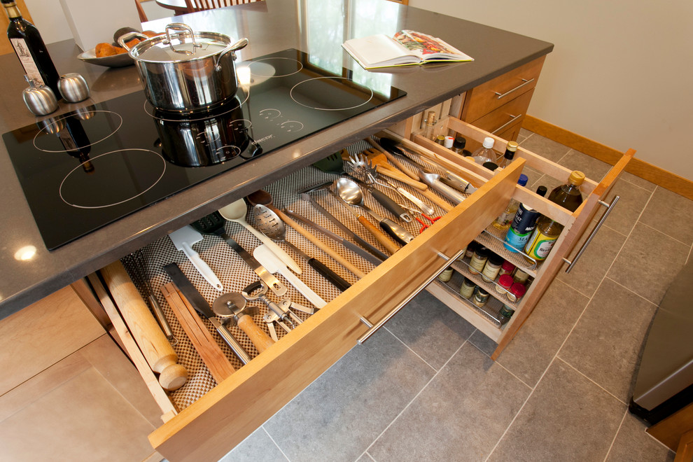 Induction cooktop in the center island of this contemporary kitchen