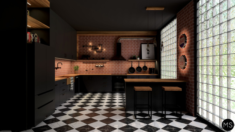 Inspiration for a medium sized industrial u-shaped kitchen/diner in Philadelphia with a submerged sink, flat-panel cabinets, black cabinets, wood worktops, black appliances, ceramic flooring, an island, black floors and black worktops.
