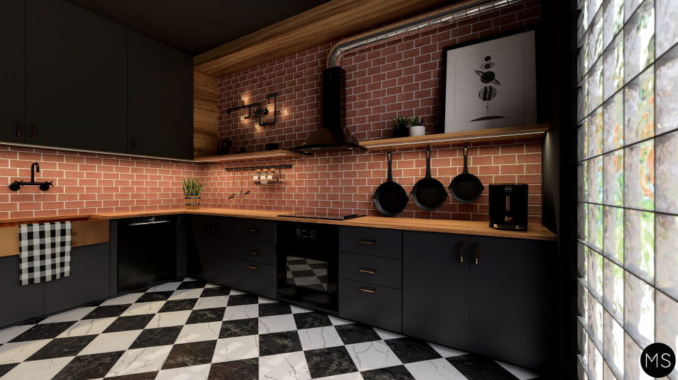 Industriell inredning av ett mellanstort svart svart kök, med en undermonterad diskho, släta luckor, svarta skåp, träbänkskiva, svarta vitvaror, klinkergolv i keramik, en köksö och svart golv