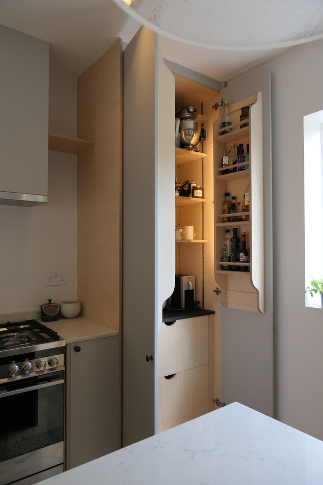 Exemple d'une cuisine ouverte linéaire industrielle de taille moyenne avec un placard à porte plane, des portes de placards vertess, un plan de travail en quartz modifié et îlot.