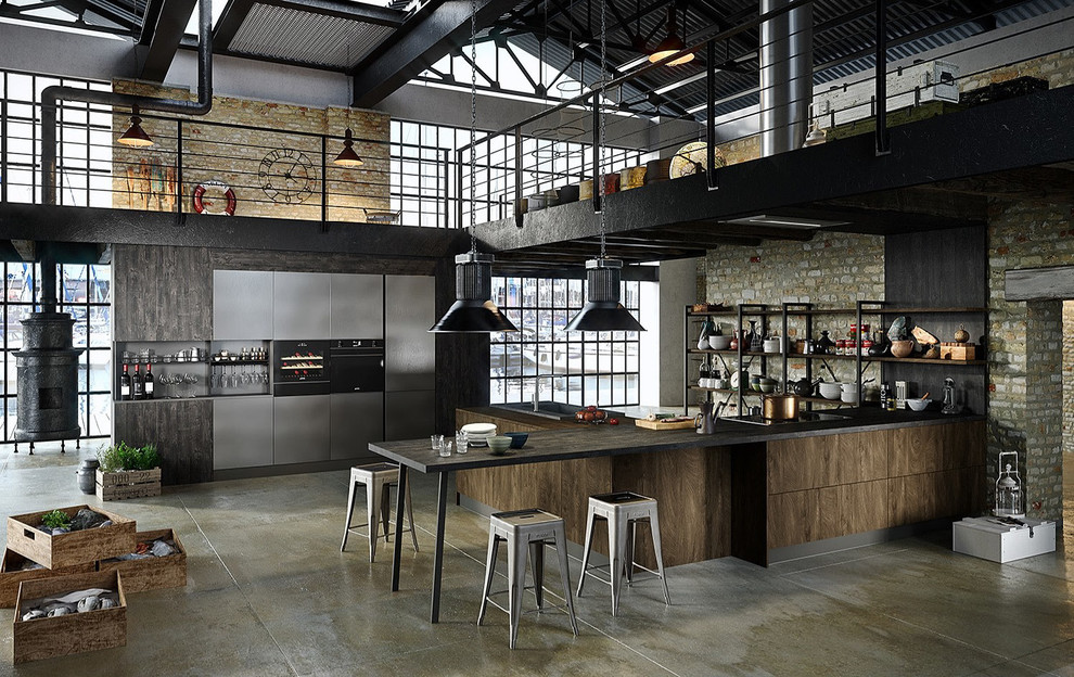 Design ideas for a large industrial kitchen/diner in Miami with concrete flooring, an island and multi-coloured floors.