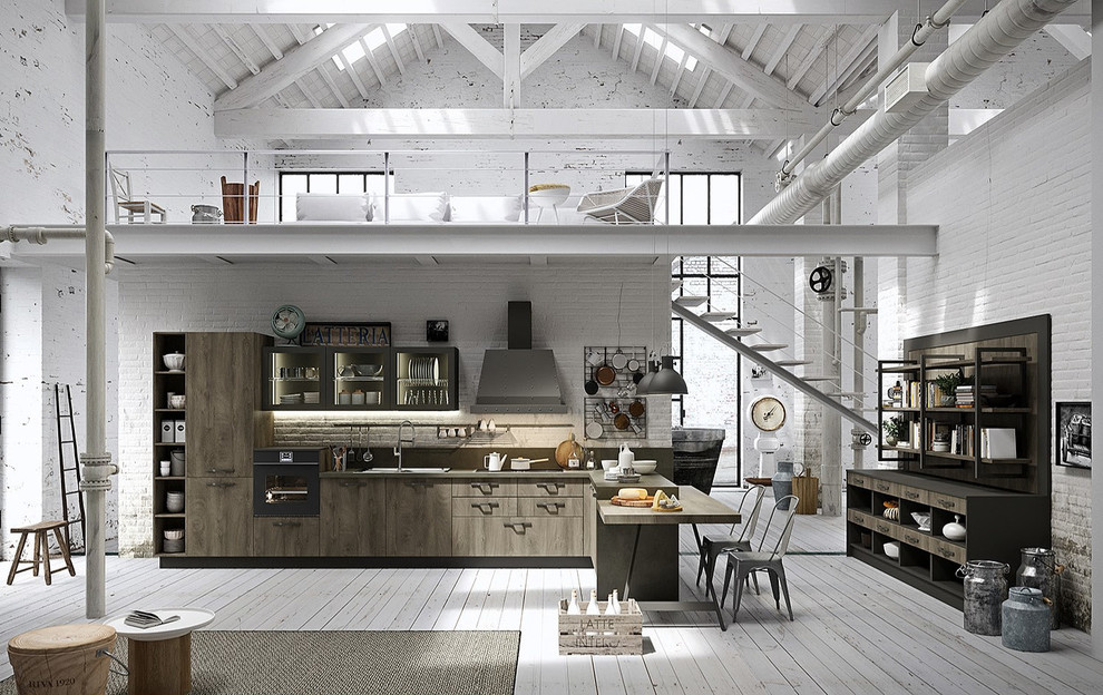 Exempel på ett stort industriellt kök och matrum, med betonggolv, en köksö och flerfärgat golv