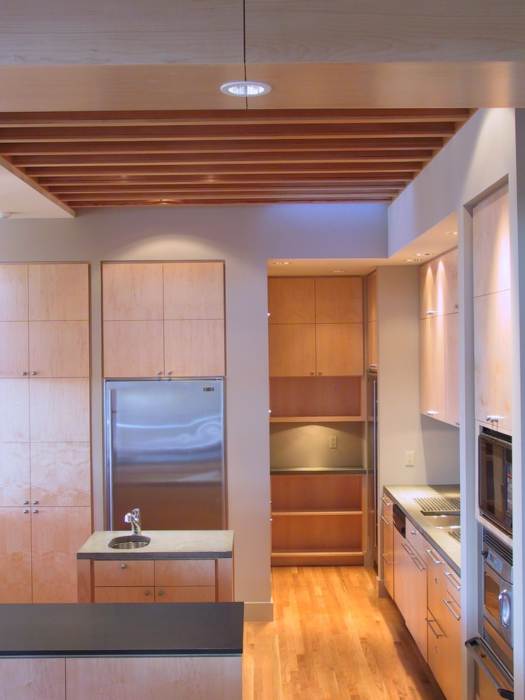 Idée de décoration pour une cuisine design en bois clair avec un électroménager en acier inoxydable et un placard à porte plane.