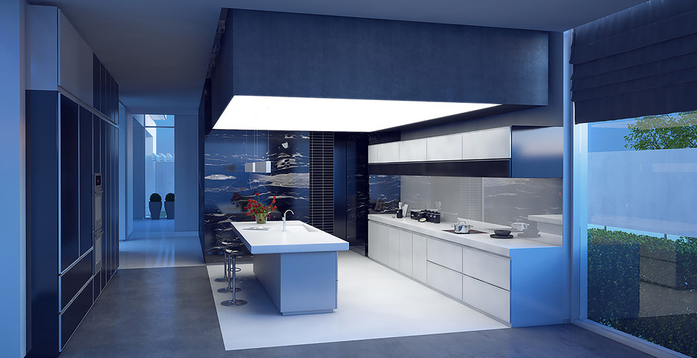 Design ideas for a large modern single-wall open plan kitchen in Orlando with an integrated sink, flat-panel cabinets, white cabinets, marble worktops, white splashback, glass tiled splashback, black appliances, concrete flooring, an island and white floors.