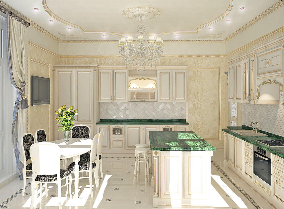 Example of a small classic l-shaped ceramic tile eat-in kitchen design in Miami with a double-bowl sink, raised-panel cabinets, beige cabinets, marble countertops, beige backsplash, ceramic backsplash, white appliances and an island