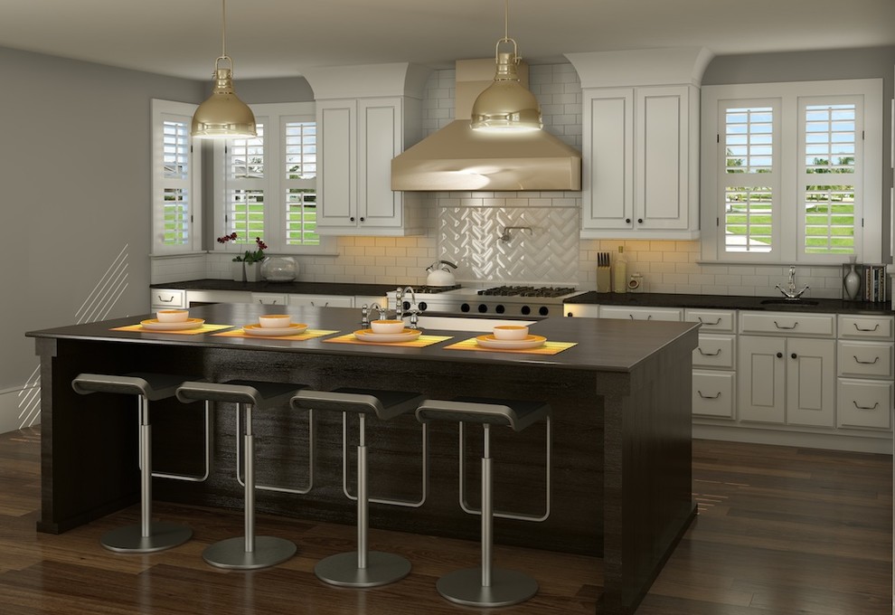 Exempel på ett mellanstort modernt linjärt kök med öppen planlösning, med en undermonterad diskho, skåp i shakerstil, vita skåp, granitbänkskiva, vitt stänkskydd, stänkskydd i keramik, rostfria vitvaror, mellanmörkt trägolv och en köksö