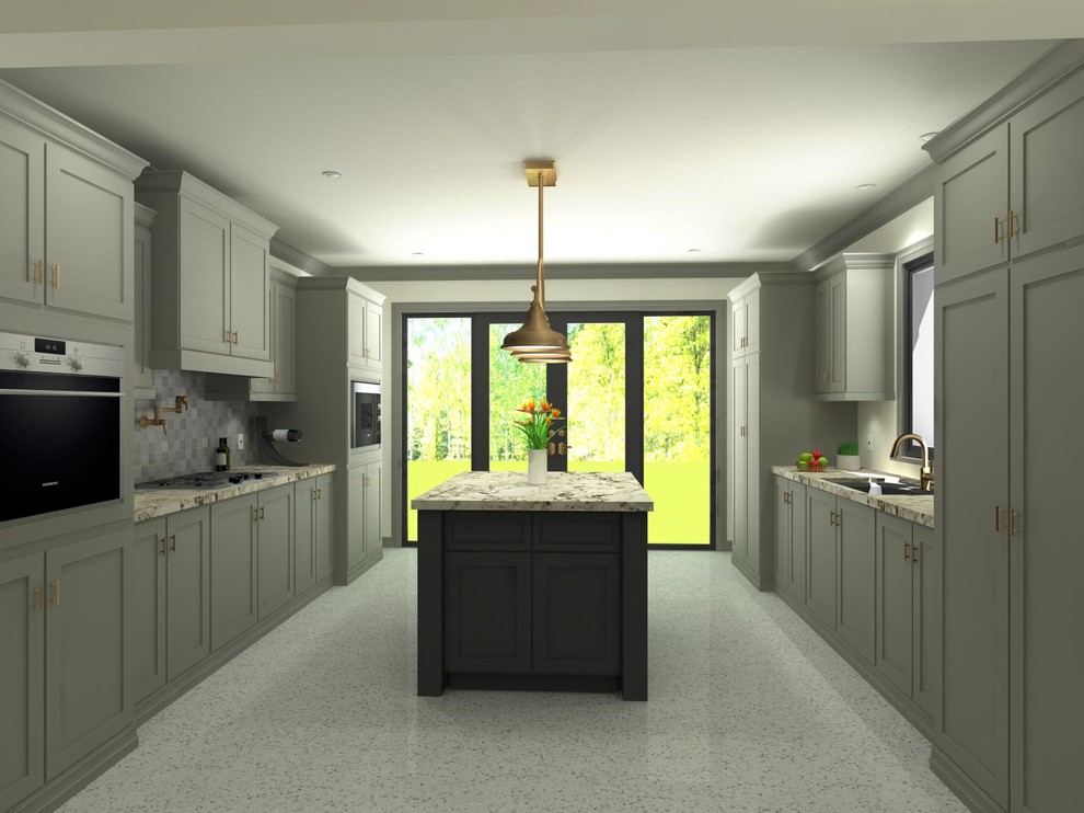 Enclosed kitchen - mid-sized transitional galley terrazzo floor enclosed kitchen idea in Toronto with a drop-in sink, shaker cabinets, gray cabinets, marble countertops, gray backsplash, ceramic backsplash, paneled appliances and an island