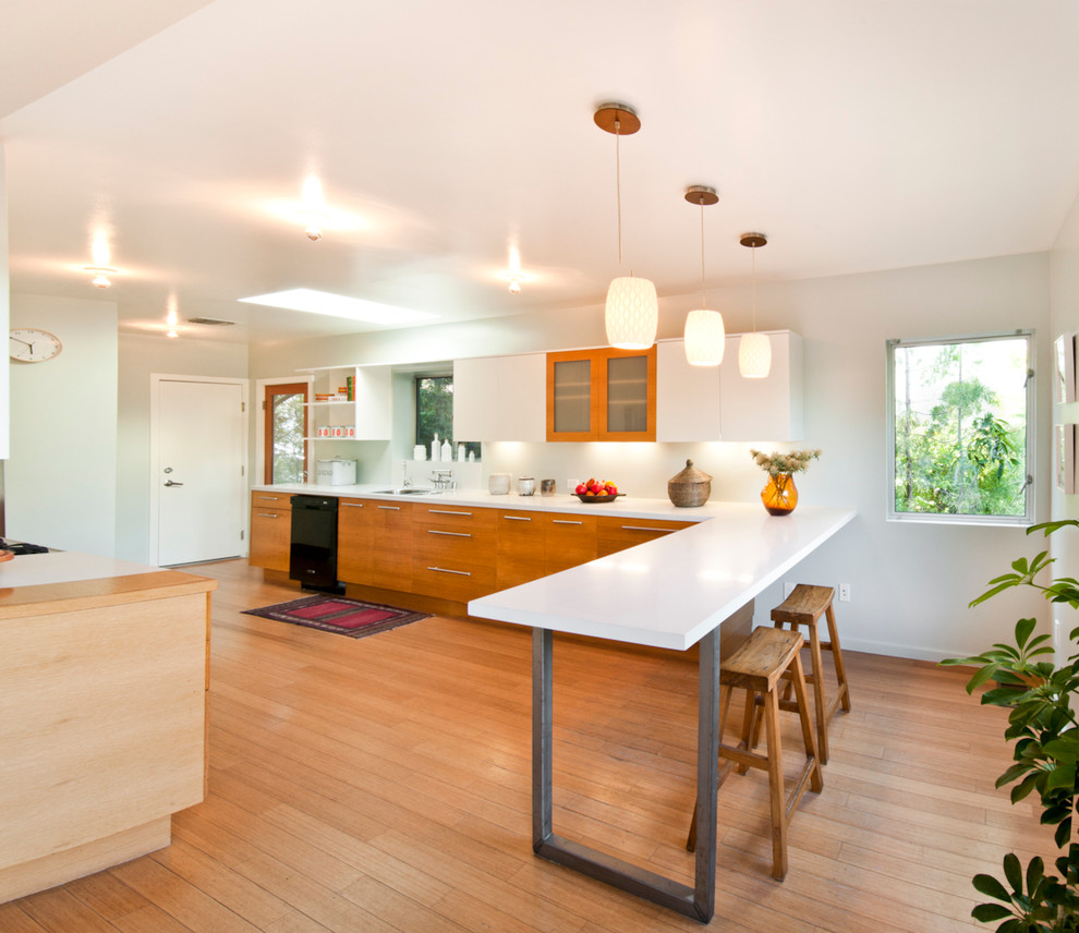 Источник вдохновения для домашнего уюта: кухня в современном стиле с плоскими фасадами и фасадами цвета дерева среднего тона
