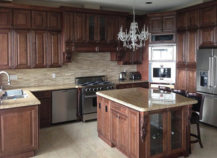 Inspiration for a timeless l-shaped dark wood floor and brown floor eat-in kitchen remodel in Milwaukee with a farmhouse sink, raised-panel cabinets, dark wood cabinets, laminate countertops, beige backsplash, stainless steel appliances and an island