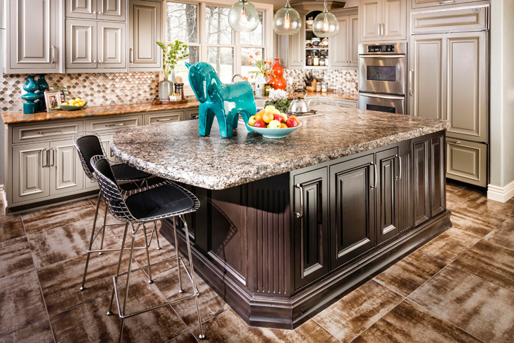 Inspiration for a large transitional u-shaped porcelain tile eat-in kitchen remodel in Other with a farmhouse sink, beaded inset cabinets, gray cabinets, granite countertops, multicolored backsplash, porcelain backsplash, paneled appliances and an island