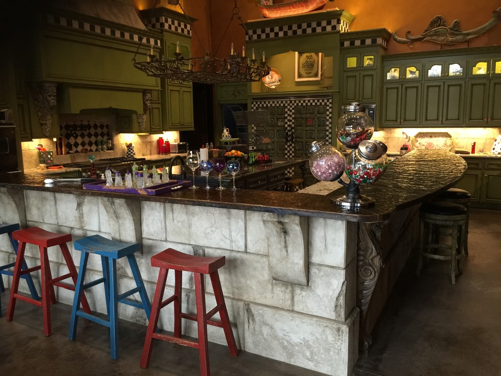 Large eclectic concrete floor eat-in kitchen photo in Austin with a double-bowl sink, raised-panel cabinets, green cabinets, copper countertops, white backsplash, cement tile backsplash, stainless steel appliances and an island