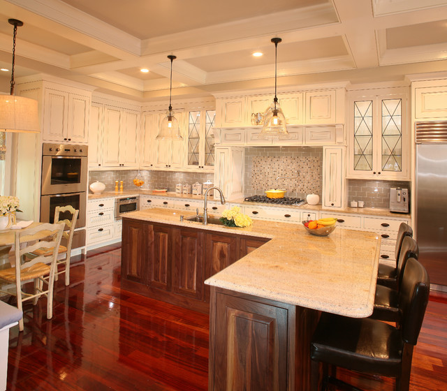 Island Kitchens Walnut Stained Cabs and Tile Backsplash Traditional