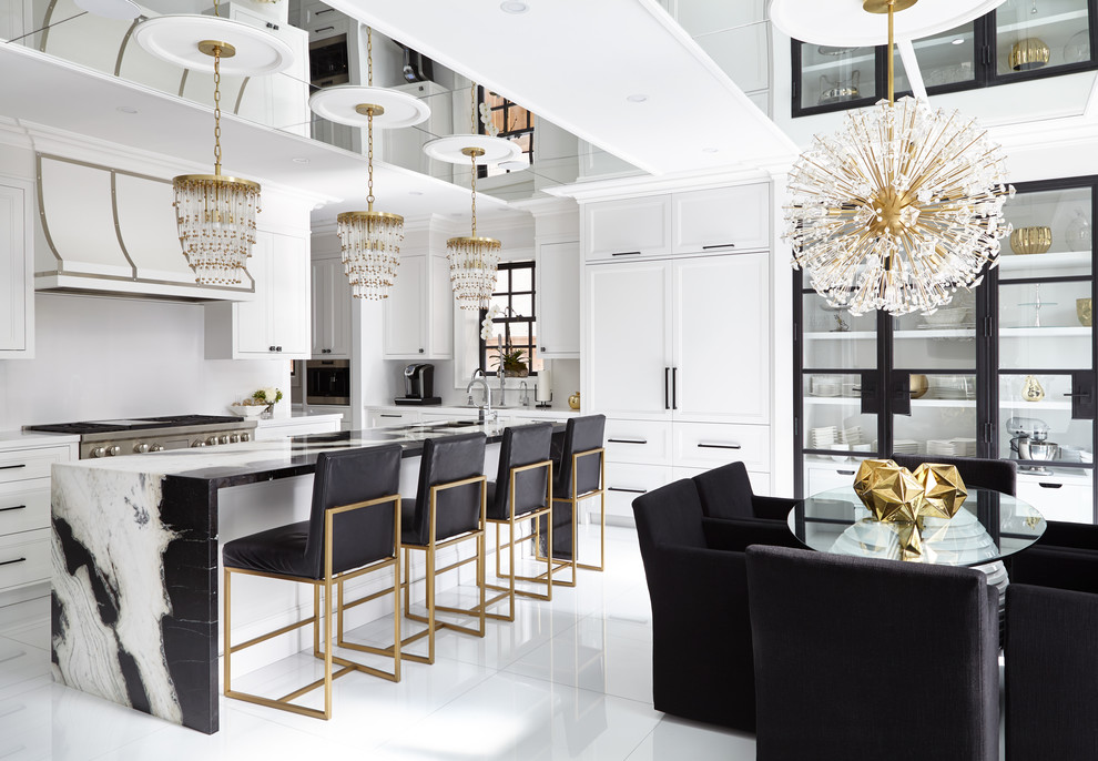 Example of a large transitional white floor eat-in kitchen design in Toronto with shaker cabinets, stainless steel appliances, an island, white cabinets and white backsplash